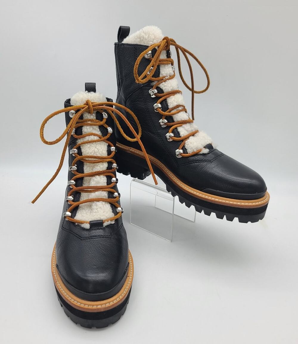 Marc Fisher IZZIE Women 7 Black Leather & Genuine Shearling Lugsole Ankle Boots